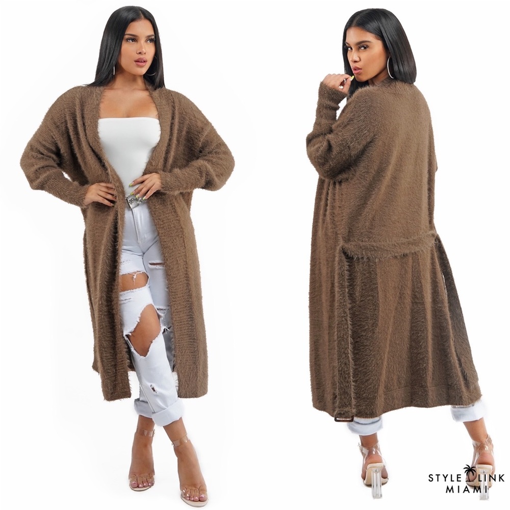 Mocha Long Knit Fuzzy Cardigan